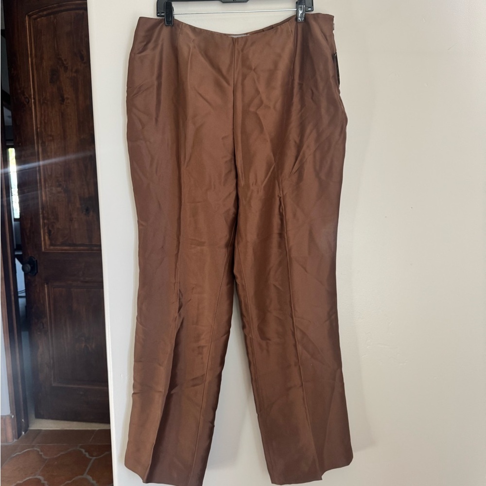 Kate Hill Brown Silk Tailored Trousers 18W Quiet Luxury Minimal Workwear